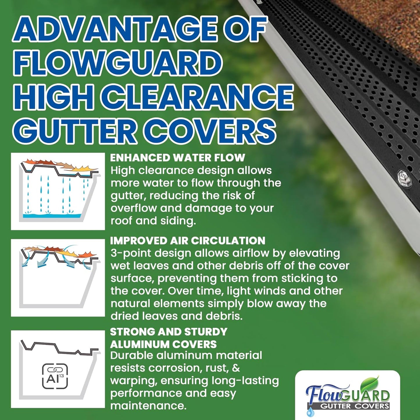 5"HIGH CLEARANCE RESIDENTIAL FlowGuard USA Made Professional DIY 5 Inch High Clearance 50-Year Gutter Cover System - Thermal Thaw Black - Aluminum Gutter Guards