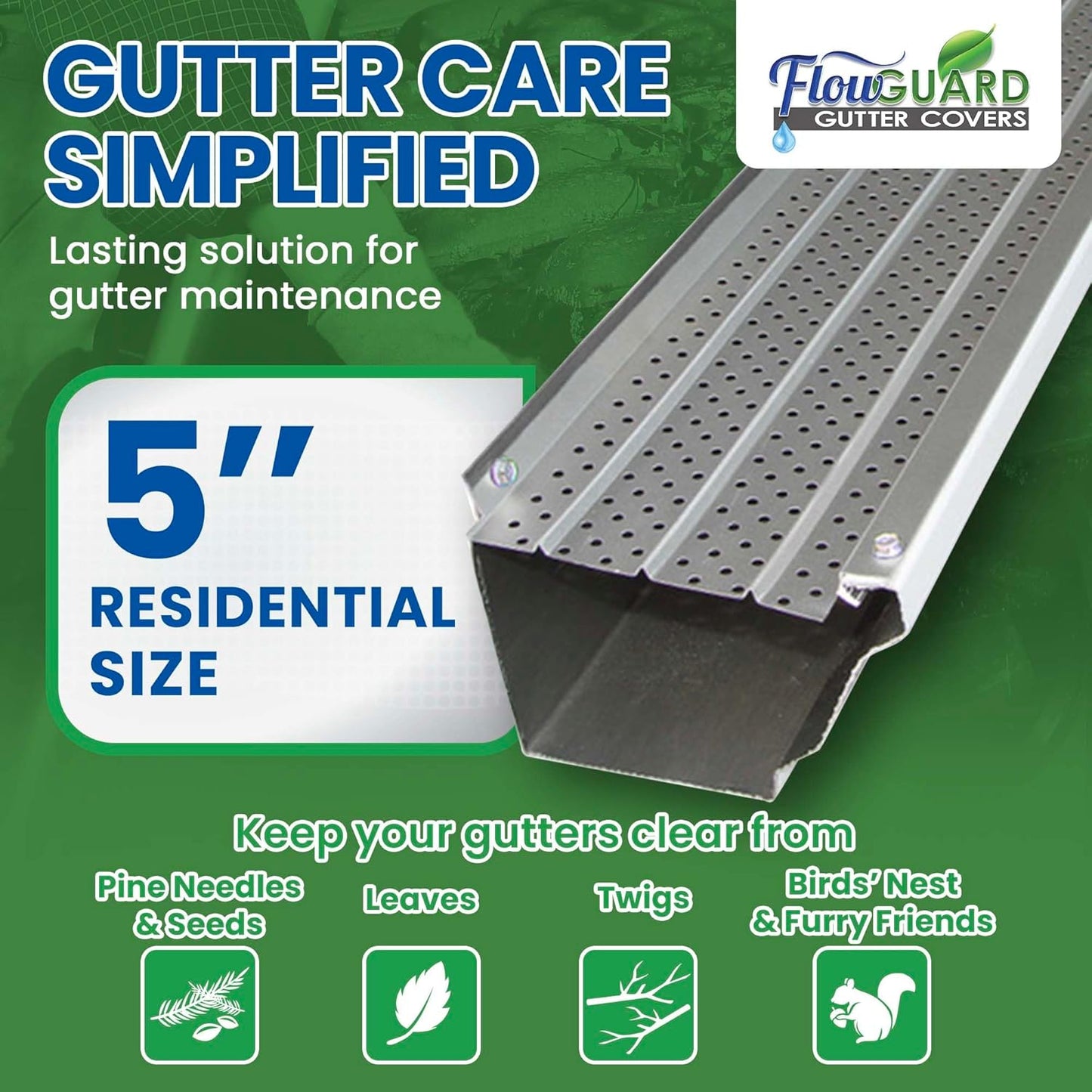 5" RESIDENTIAL FlowGuard USA Made Professional DIY 5 Inch 50-Year Gutter Cover System - Matte -Aluminum Gutter Guards