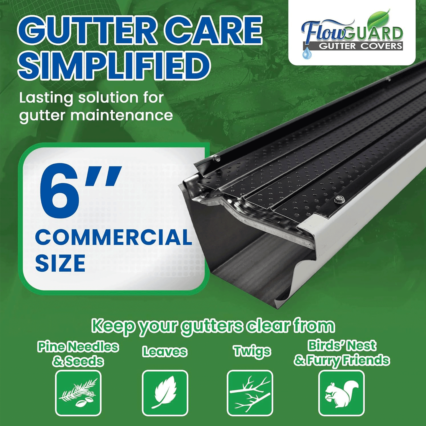 6"COMMERCIAL FlowGuard USA Made Professional DIY 6 Inch 50-Year Gutter Cover System - Thermal Thaw Black - Aluminum Gutter Guards