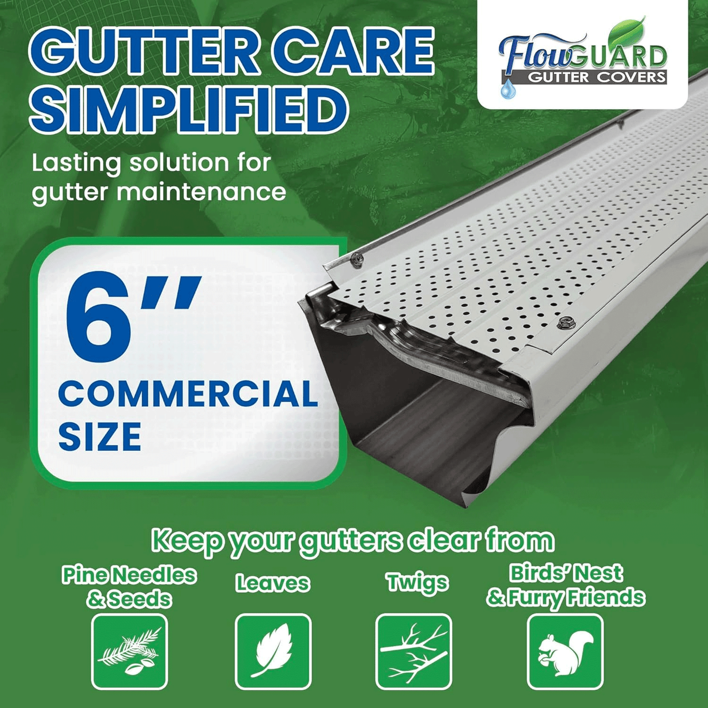6"COMMERCIAL FlowGuard USA Made Professional DIY 6 Inch 50-Year Gutter Cover System - White - Aluminum Gutter Guards