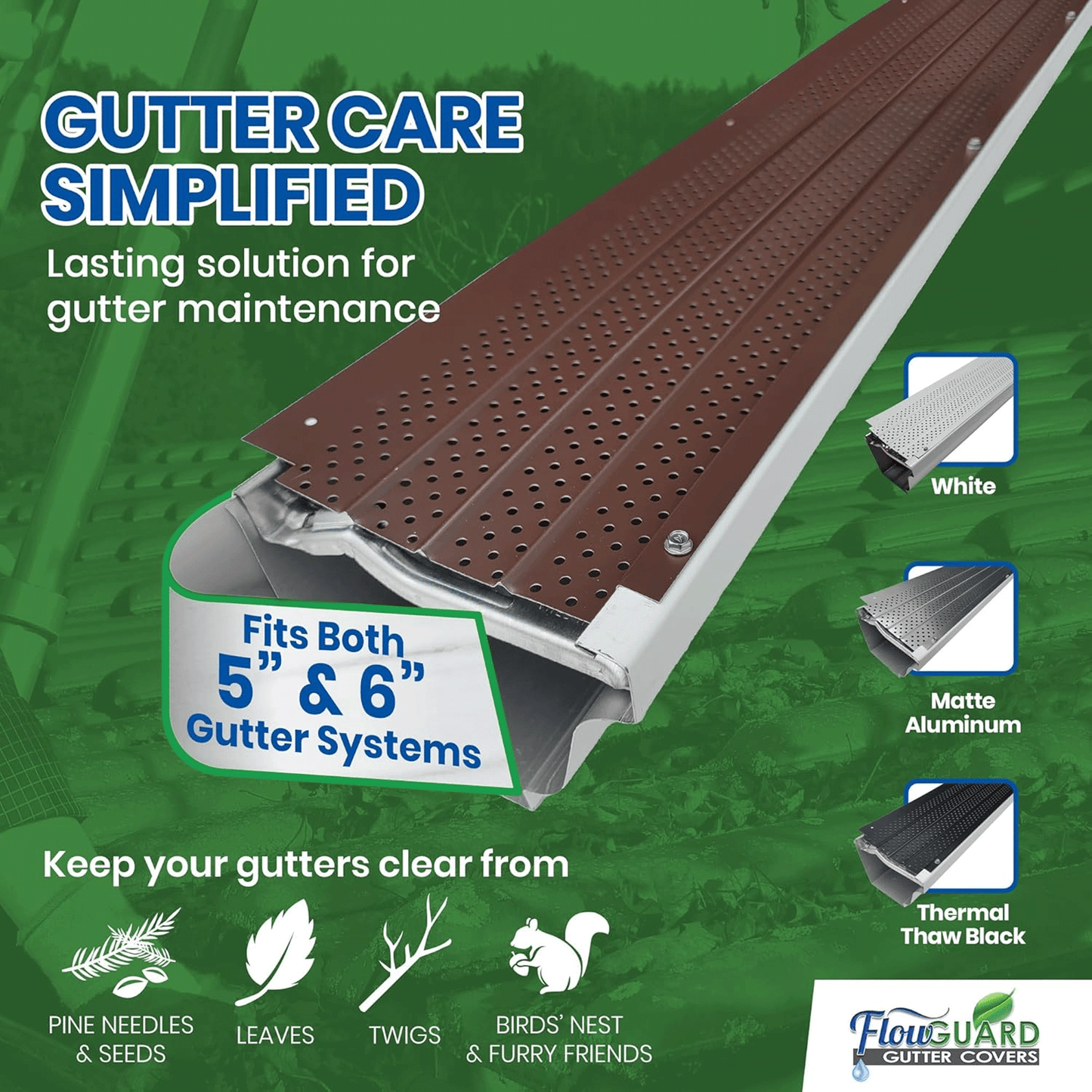 5" 6" SLIP UNDER FlowGuard USA Made Slip Under Shingle Professional DIY Universal 5 Inch & 6 Inch 50-Year Gutter Cover System - Brown - Aluminum Gutter Guards