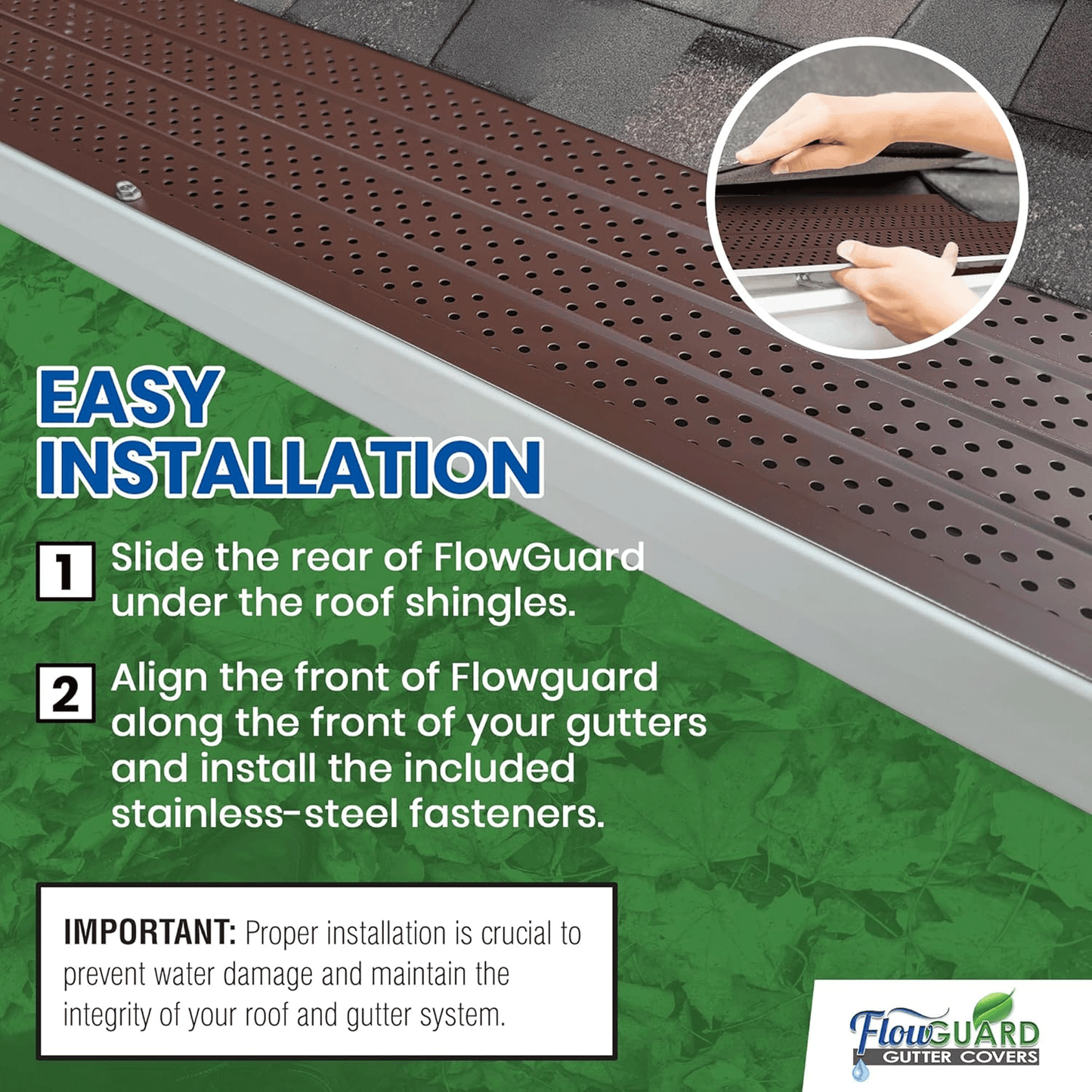 5" 6" SLIP UNDER FlowGuard USA Made Slip Under Shingle Professional DIY Universal 5 Inch & 6 Inch 50-Year Gutter Cover System - Brown - Aluminum Gutter Guards