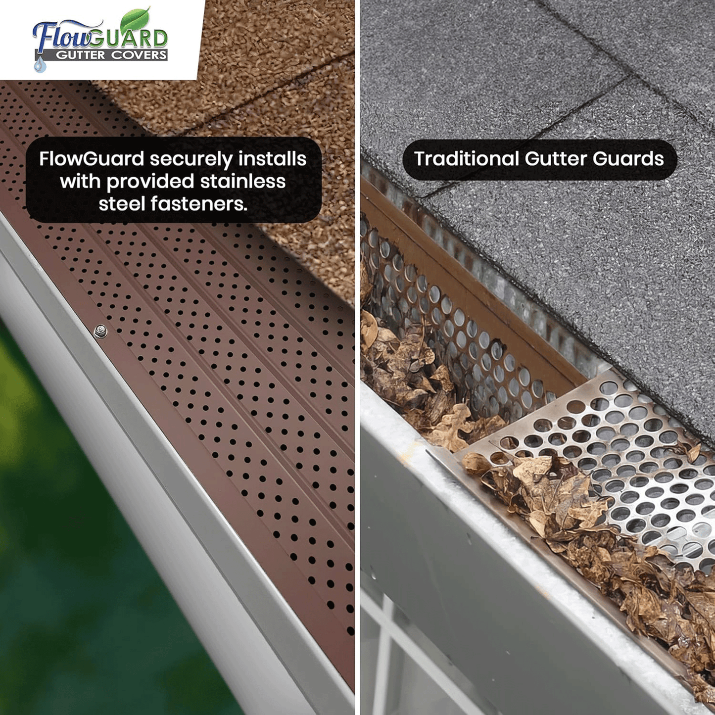 5" 6" SLIP UNDER FlowGuard USA Made Slip Under Shingle Professional DIY Universal 5 Inch & 6 Inch 50-Year Gutter Cover System - Brown - Aluminum Gutter Guards