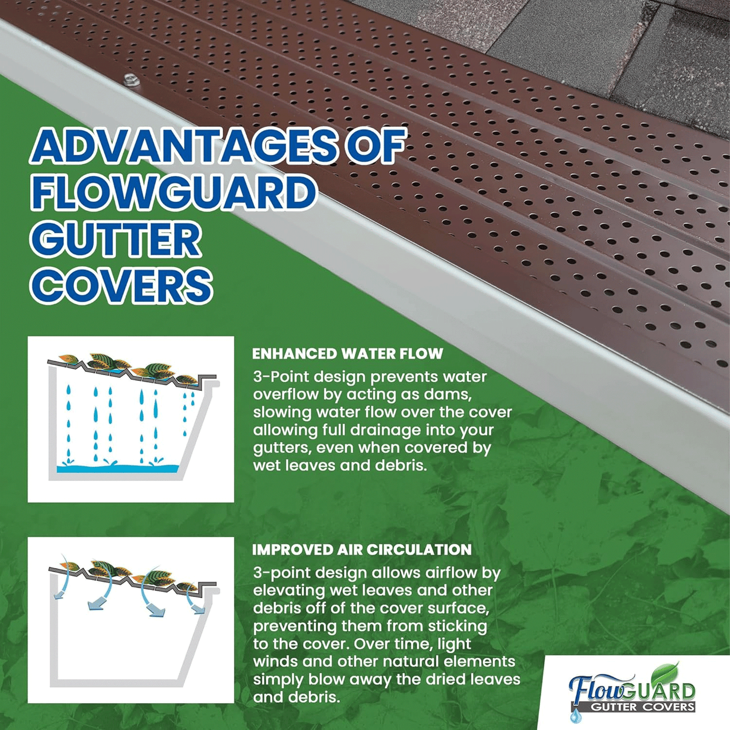 5" 6" SLIP UNDER FlowGuard USA Made Slip Under Shingle Professional DIY Universal 5 Inch & 6 Inch 50-Year Gutter Cover System - Brown - Aluminum Gutter Guards