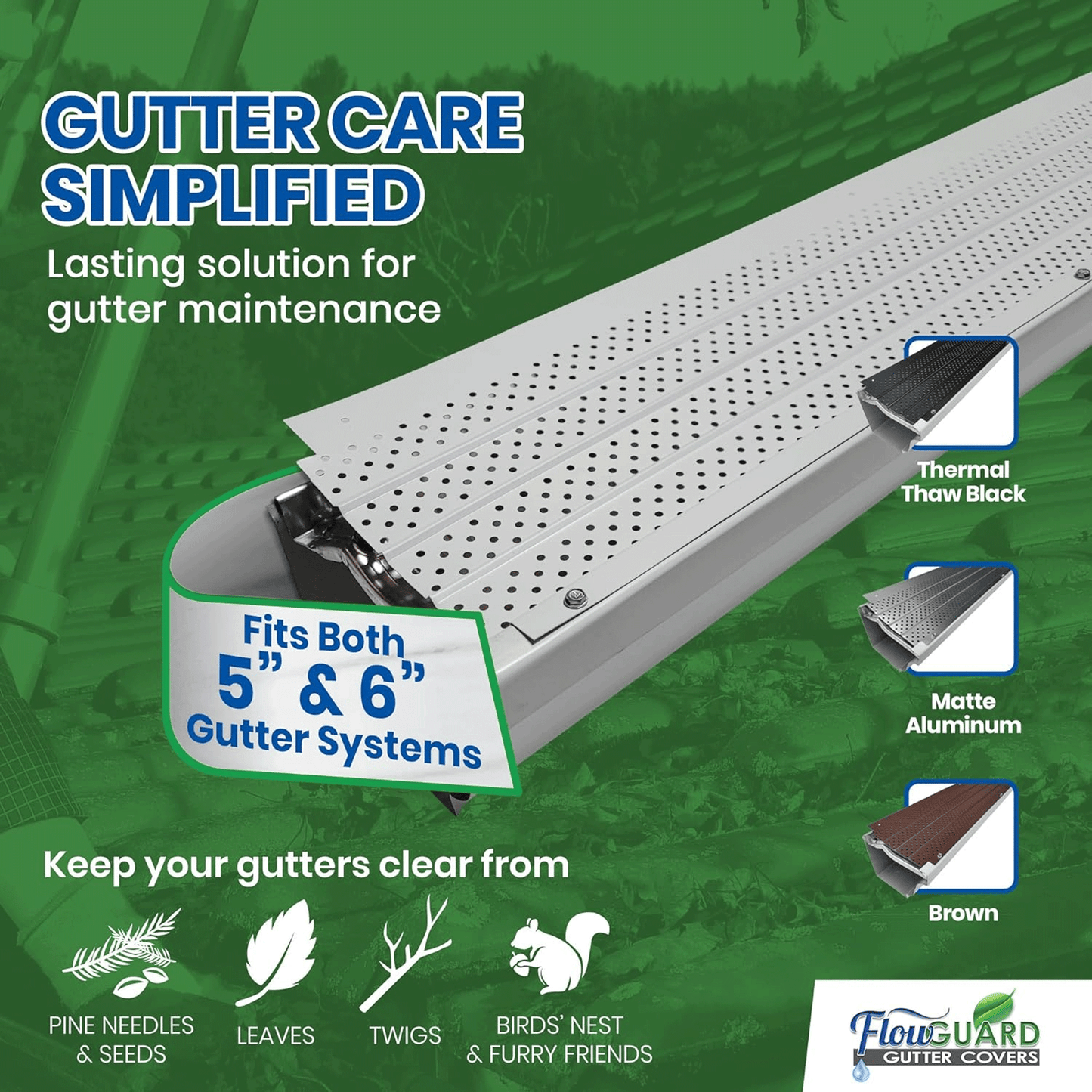 5" 6" SLIP UNDER FlowGuard USA Made Slip Under Shingle Professional DIY Universal 5 Inch & 6 Inch 50-Year Gutter Cover System - White - Aluminum Gutter Guards