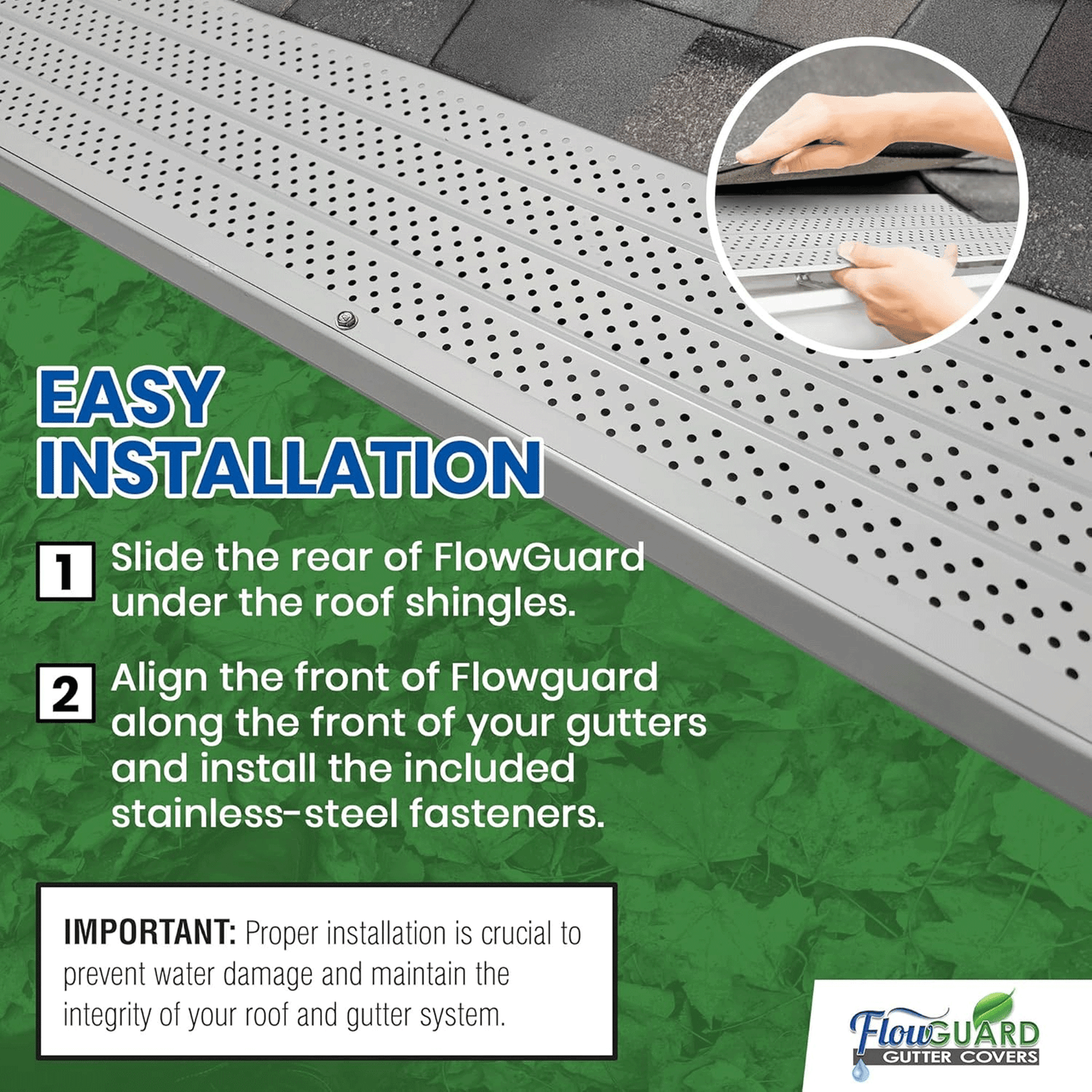 5" 6" SLIP UNDER FlowGuard USA Made Slip Under Shingle Professional DIY Universal 5 Inch & 6 Inch 50-Year Gutter Cover System - White - Aluminum Gutter Guards