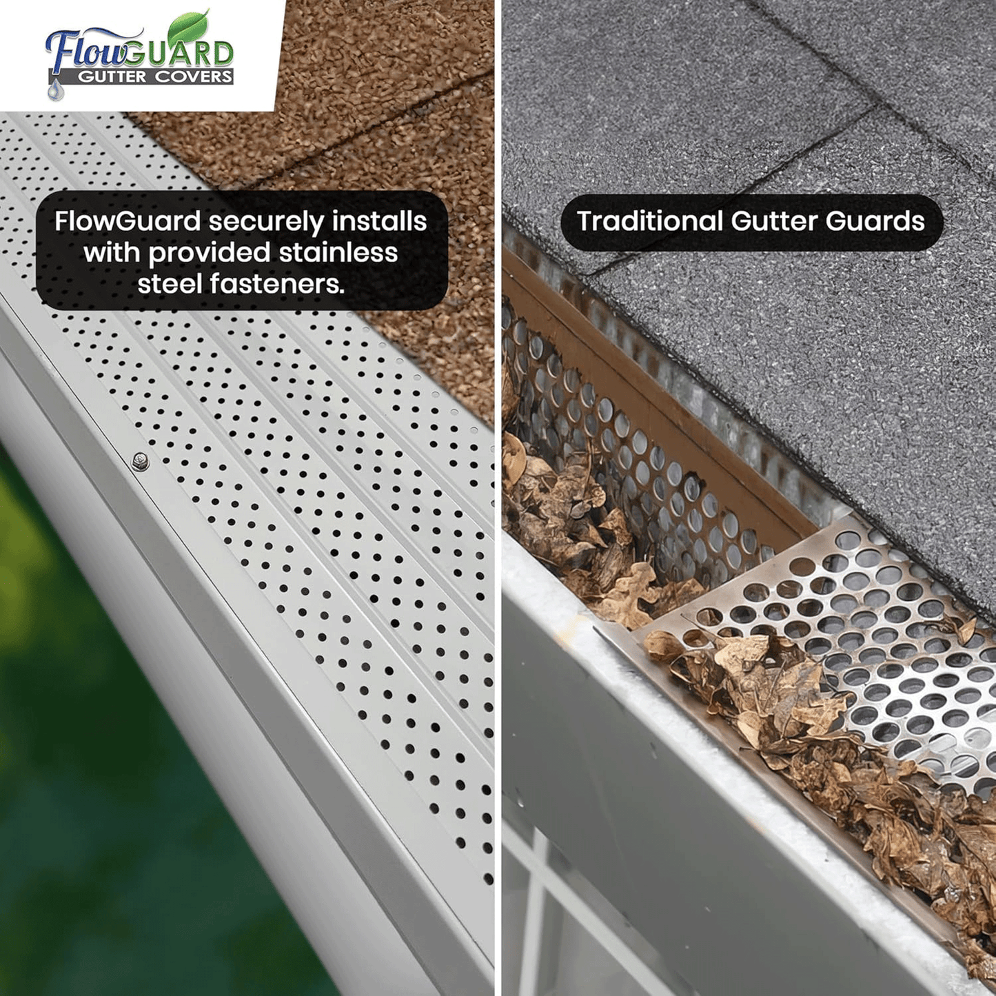 5" 6" SLIP UNDER FlowGuard USA Made Slip Under Shingle Professional DIY Universal 5 Inch & 6 Inch 50-Year Gutter Cover System - White - Aluminum Gutter Guards