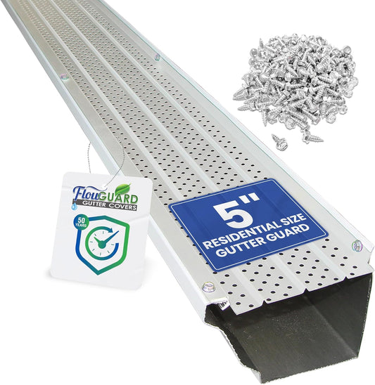 5" RESIDENTIAL FlowGuard USA Made Professional DIY 5 Inch 50-Year Gutter Cover System - White -Aluminum Gutter Guards