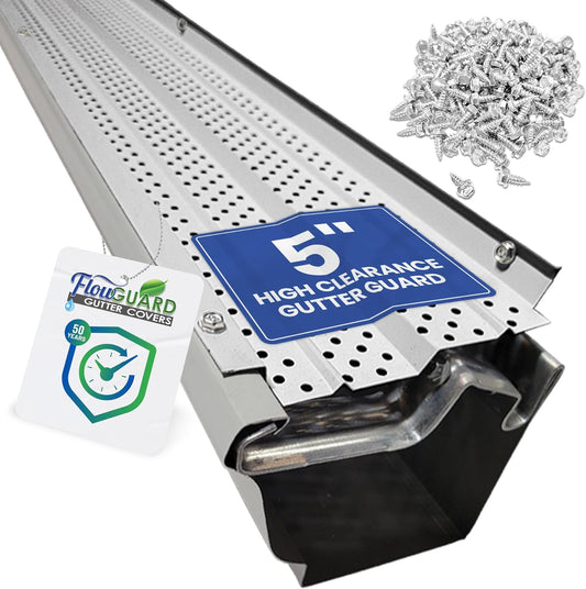 5"HIGH CLEARANCE RESIDENTIAL FlowGuard USA Made Professional DIY 5 Inch High Clearance 50-Year Gutter Cover System - White - Aluminum Gutter Guards