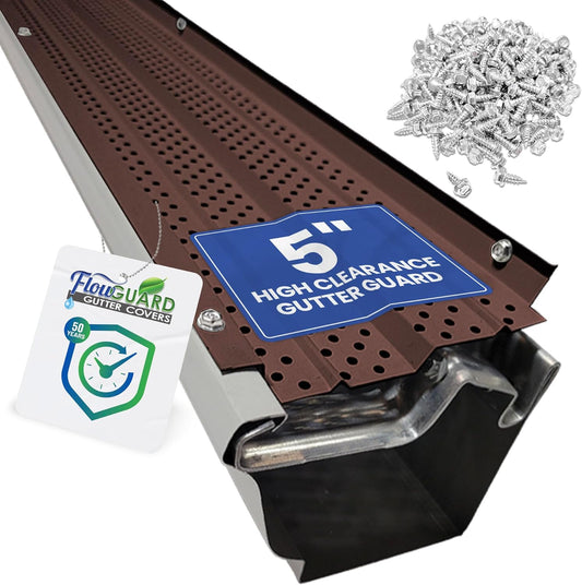 5" HIGH CLEARANCE FlowGuard USA Made Professional DIY 5 Inch 50-Year Gutter Cover System - Brown -Aluminum Gutter Guards