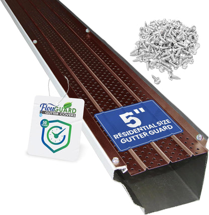 5" RESIDENTIAL FlowGuard USA Made Professional DIY 5 Inch 50-Year Gutter Cover System - Brown -Aluminum Gutter Guards