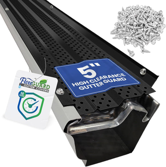 5"HIGH CLEARANCE RESIDENTIAL FlowGuard USA Made Professional DIY 5 Inch High Clearance 50-Year Gutter Cover System - Thermal Thaw Black - Aluminum Gutter Guards