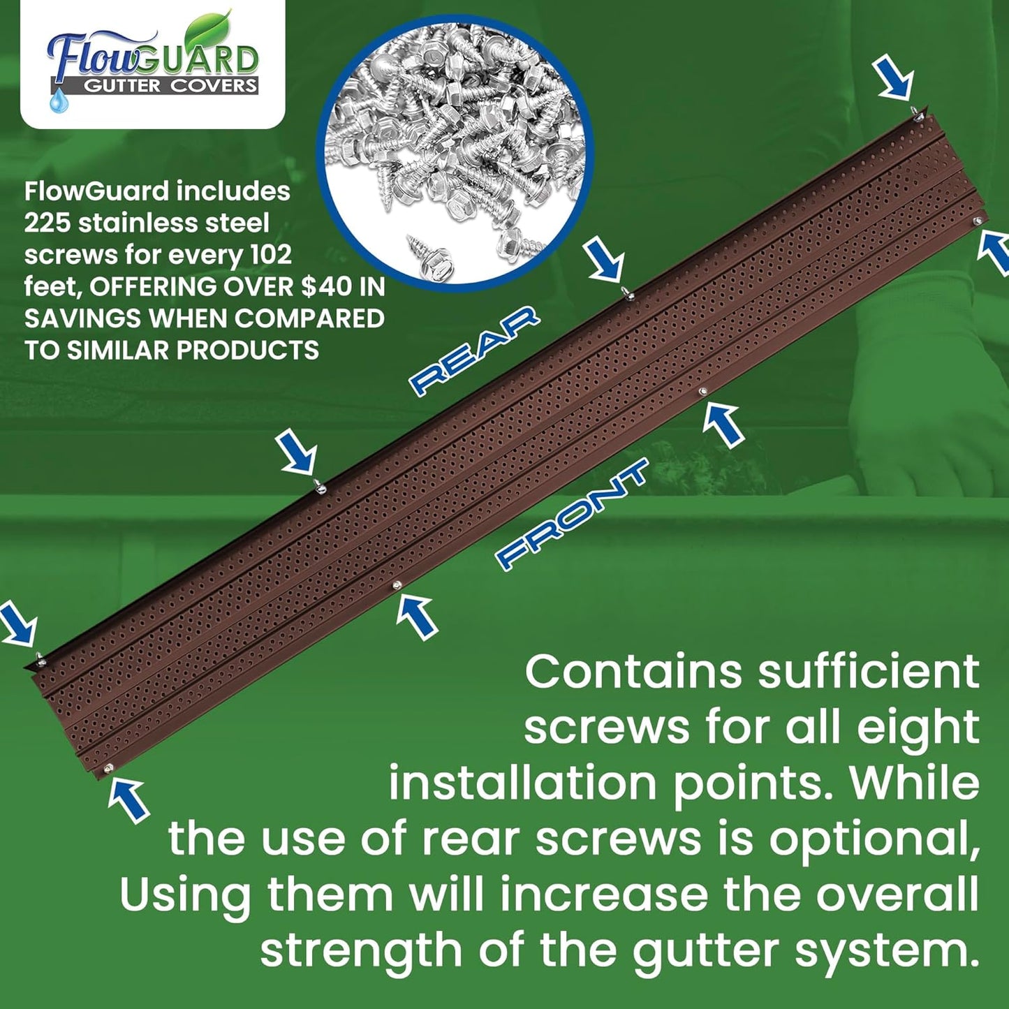 5" HIGH CLEARANCE FlowGuard USA Made Professional DIY 5 Inch 50-Year Gutter Cover System - Brown -Aluminum Gutter Guards