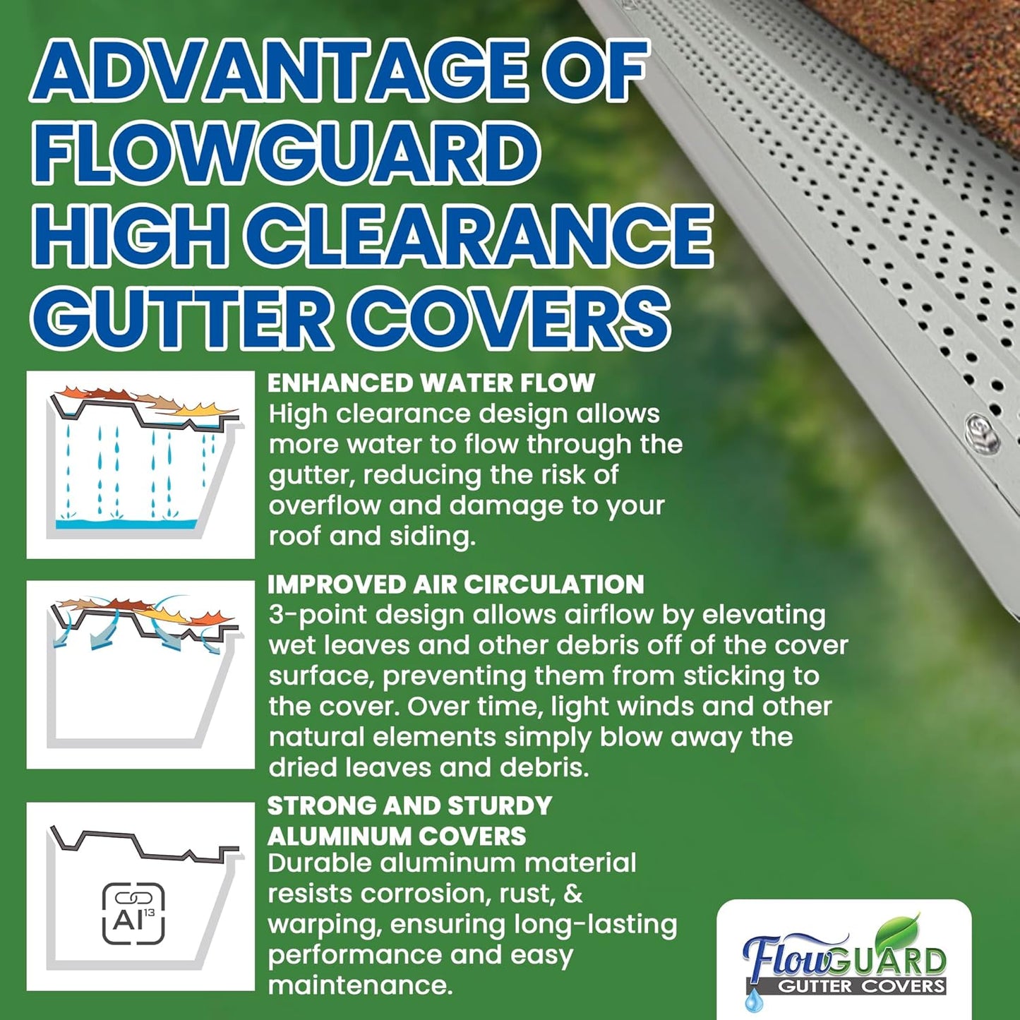 5"HIGH CLEARANCE RESIDENTIAL FlowGuard USA Made Professional DIY 5 Inch High Clearance 50-Year Gutter Cover System - Matte  - Aluminum Gutter Guards