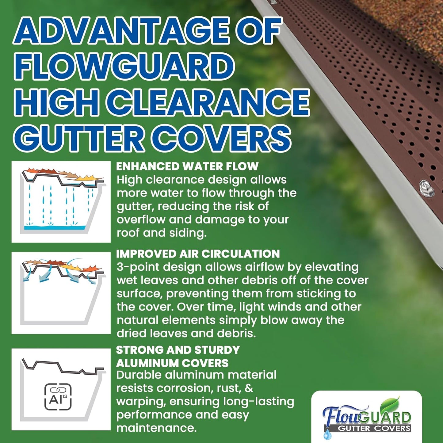 5" HIGH CLEARANCE FlowGuard USA Made Professional DIY 5 Inch 50-Year Gutter Cover System - Brown -Aluminum Gutter Guards