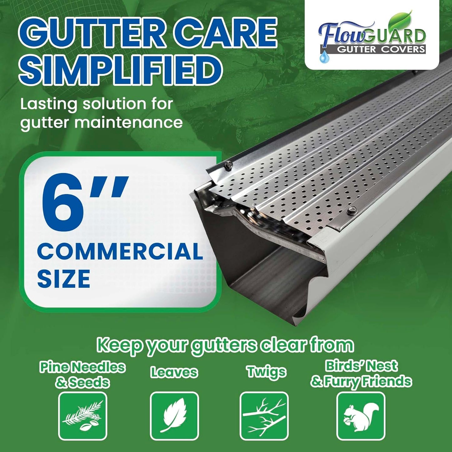 6" COMMERCIAL FlowGuard USA Made Professional DIY 6 Inch 50-Year Gutter Cover System - Matte - Aluminum Gutter Guards