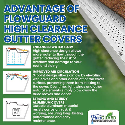 5"HIGH CLEARANCE RESIDENTIAL FlowGuard USA Made Professional DIY 5 Inch High Clearance 50-Year Gutter Cover System - White - Aluminum Gutter Guards