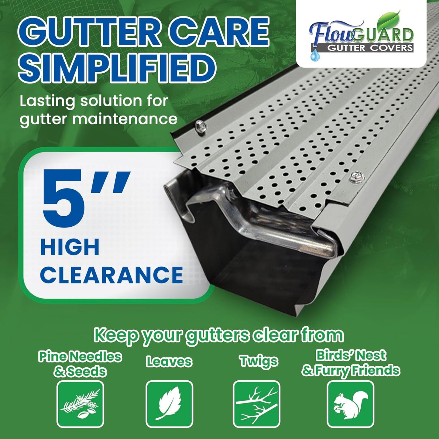 5"HIGH CLEARANCE RESIDENTIAL FlowGuard USA Made Professional DIY 5 Inch High Clearance 50-Year Gutter Cover System - Matte  - Aluminum Gutter Guards