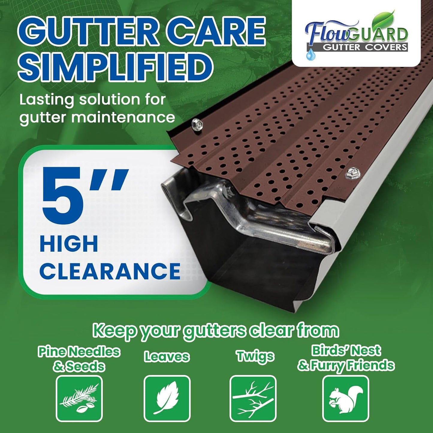 5" HIGH CLEARANCE FlowGuard USA Made Professional DIY 5 Inch 50-Year Gutter Cover System - Brown -Aluminum Gutter Guards