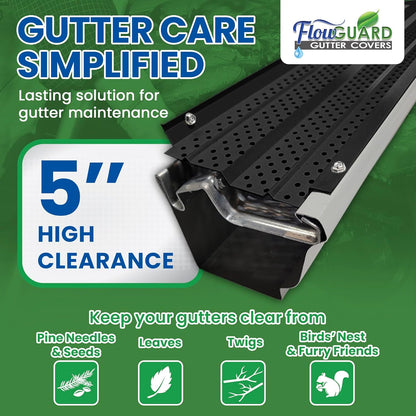 5"HIGH CLEARANCE RESIDENTIAL FlowGuard USA Made Professional DIY 5 Inch High Clearance 50-Year Gutter Cover System - Thermal Thaw Black - Aluminum Gutter Guards