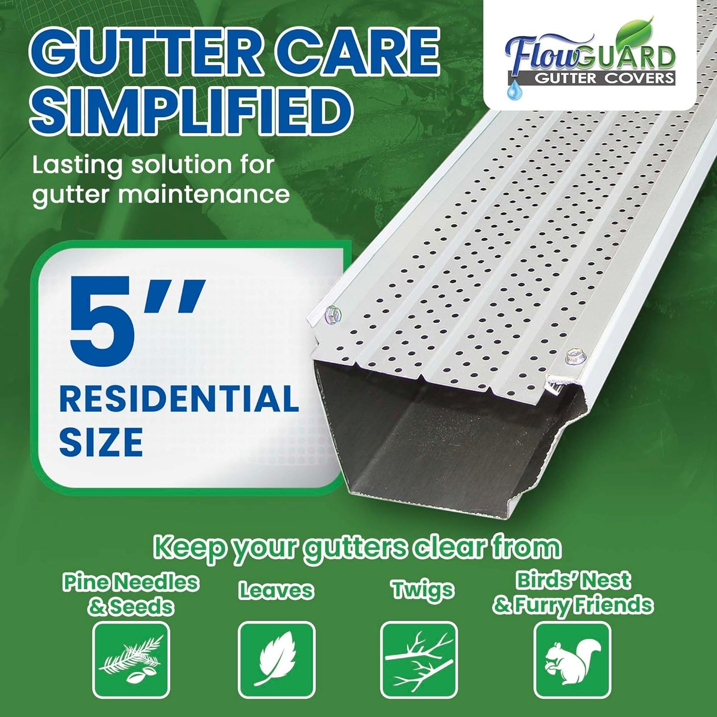 5" RESIDENTIAL FlowGuard USA Made Professional DIY 5 Inch 50-Year Gutter Cover System - White -Aluminum Gutter Guards