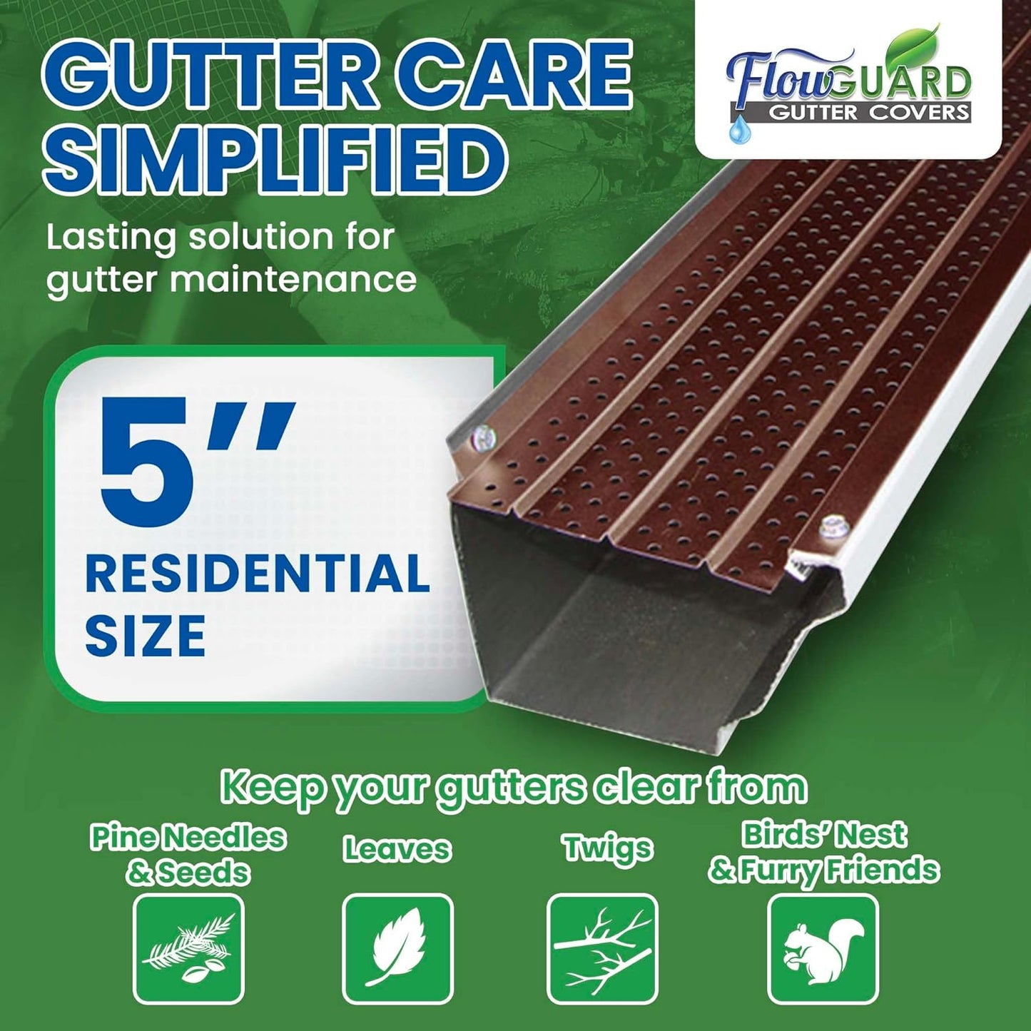 5" RESIDENTIAL FlowGuard USA Made Professional DIY 5 Inch 50-Year Gutter Cover System - Brown -Aluminum Gutter Guards