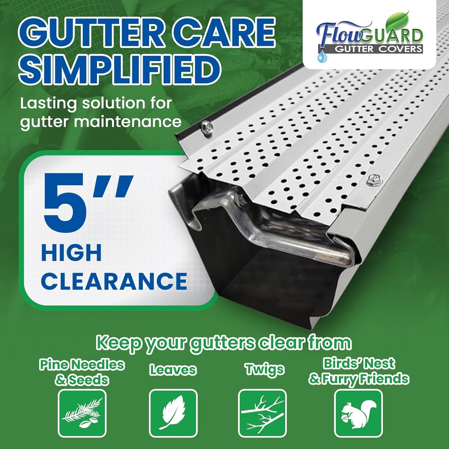 5"HIGH CLEARANCE RESIDENTIAL FlowGuard USA Made Professional DIY 5 Inch High Clearance 50-Year Gutter Cover System - White - Aluminum Gutter Guards