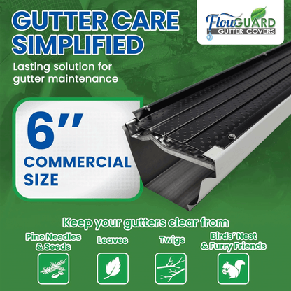 6"COMMERCIAL FlowGuard USA Made Professional DIY 6 Inch 50-Year Gutter Cover System - Thermal Thaw Black - Aluminum Gutter Guards