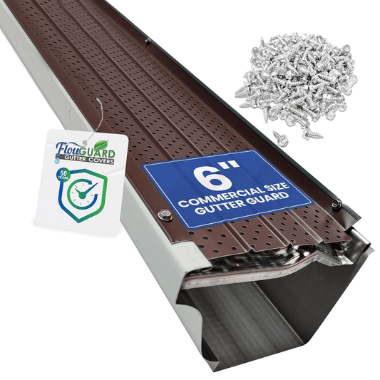6"COMMERCIAL FlowGuard USA Made Professional DIY 6 Inch 50-Year Gutter Cover System - Brown - Aluminum Gutter Guards