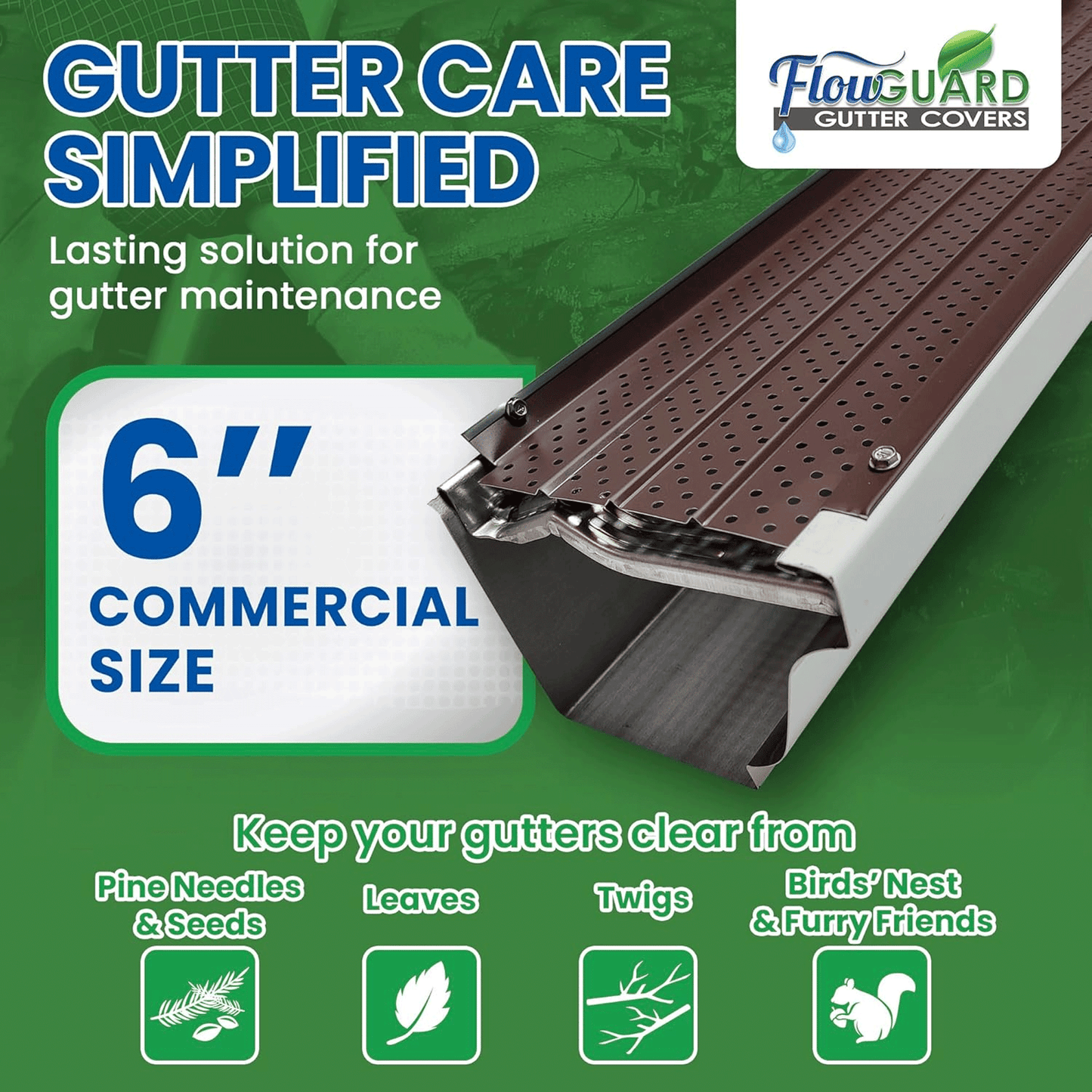 6"COMMERCIAL FlowGuard USA Made Professional DIY 6 Inch 50-Year Gutter Cover System - Brown - Aluminum Gutter Guards