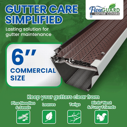 6"COMMERCIAL FlowGuard USA Made Professional DIY 6 Inch 50-Year Gutter Cover System - Brown - Aluminum Gutter Guards