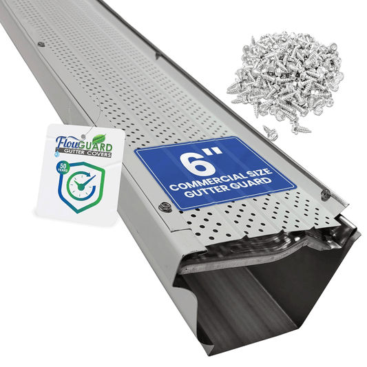 6"COMMERCIAL FlowGuard USA Made Professional DIY 6 Inch 50-Year Gutter Cover System - White - Aluminum Gutter Guards