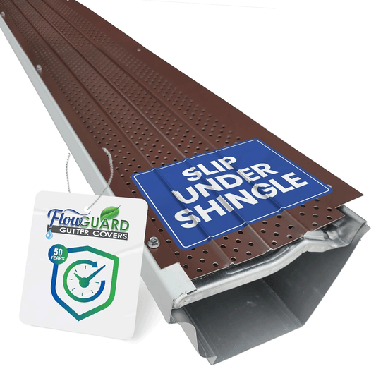 5" 6" SLIP UNDER FlowGuard USA Made Slip Under Shingle Professional DIY Universal 5 Inch & 6 Inch 50-Year Gutter Cover System - Brown - Aluminum Gutter Guards