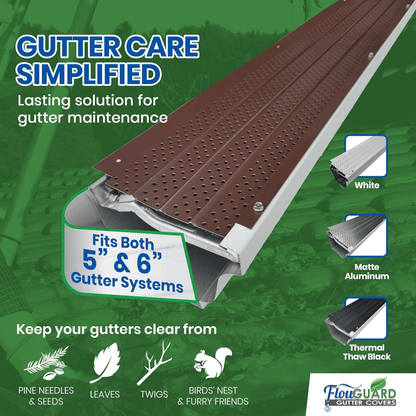 5" 6" SLIP UNDER FlowGuard USA Made Slip Under Shingle Professional DIY Universal 5 Inch & 6 Inch 50-Year Gutter Cover System - Brown - Aluminum Gutter Guards