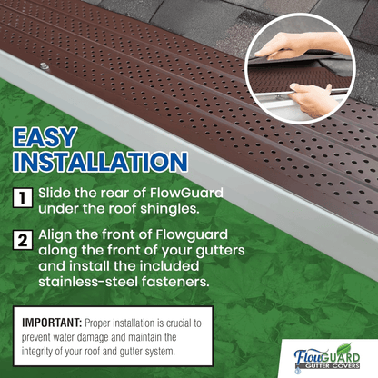 5" 6" SLIP UNDER FlowGuard USA Made Slip Under Shingle Professional DIY Universal 5 Inch & 6 Inch 50-Year Gutter Cover System - Brown - Aluminum Gutter Guards