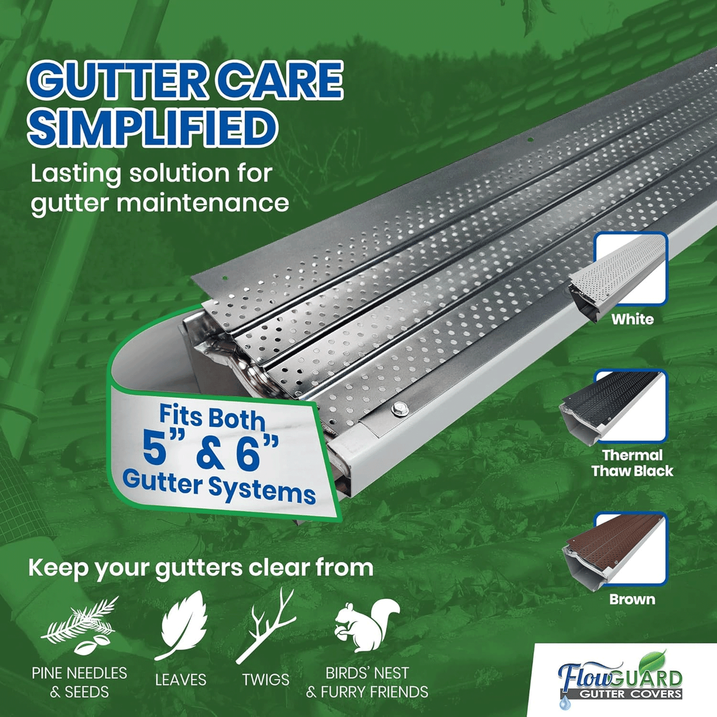 5" 6" SLIP UNDER FlowGuard USA Made Slip Under Shingle Professional DIY Universal 5 Inch & 6 Inch 50-Year Gutter Cover System - Matte - Aluminum Gutter Guards