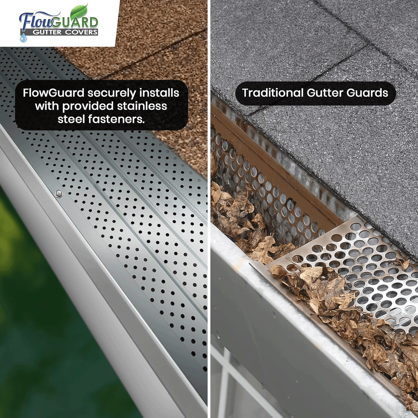 5" 6" SLIP UNDER FlowGuard USA Made Slip Under Shingle Professional DIY Universal 5 Inch & 6 Inch 50-Year Gutter Cover System - Matte - Aluminum Gutter Guards